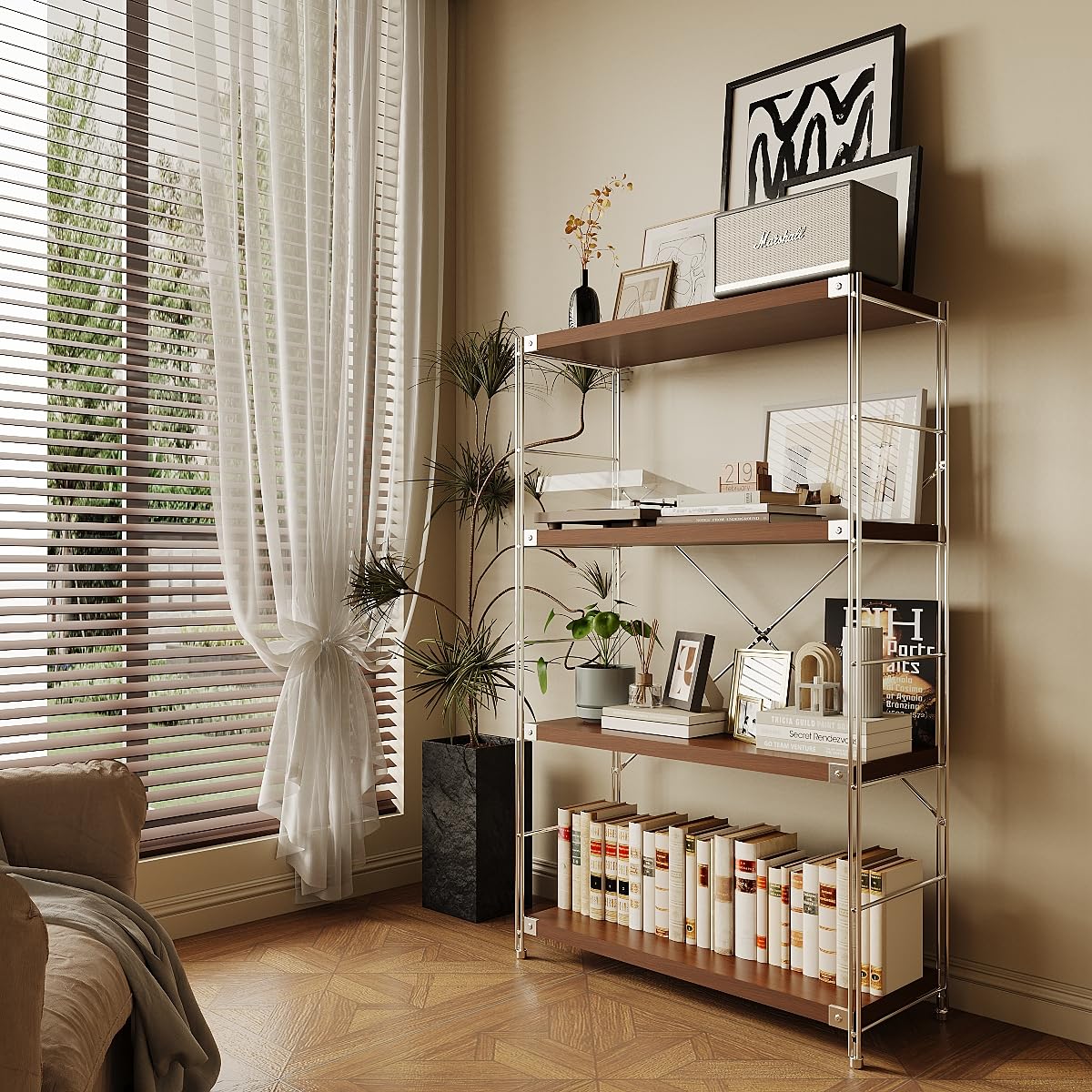 Achene 4-Tier Industrial Bookshelf, Storage Bookcase for Living Room, Bedroom, Home Office, and Kitchen, 11.81"x31.5"x51.18" Inches (Walnut, 4T32IN)
