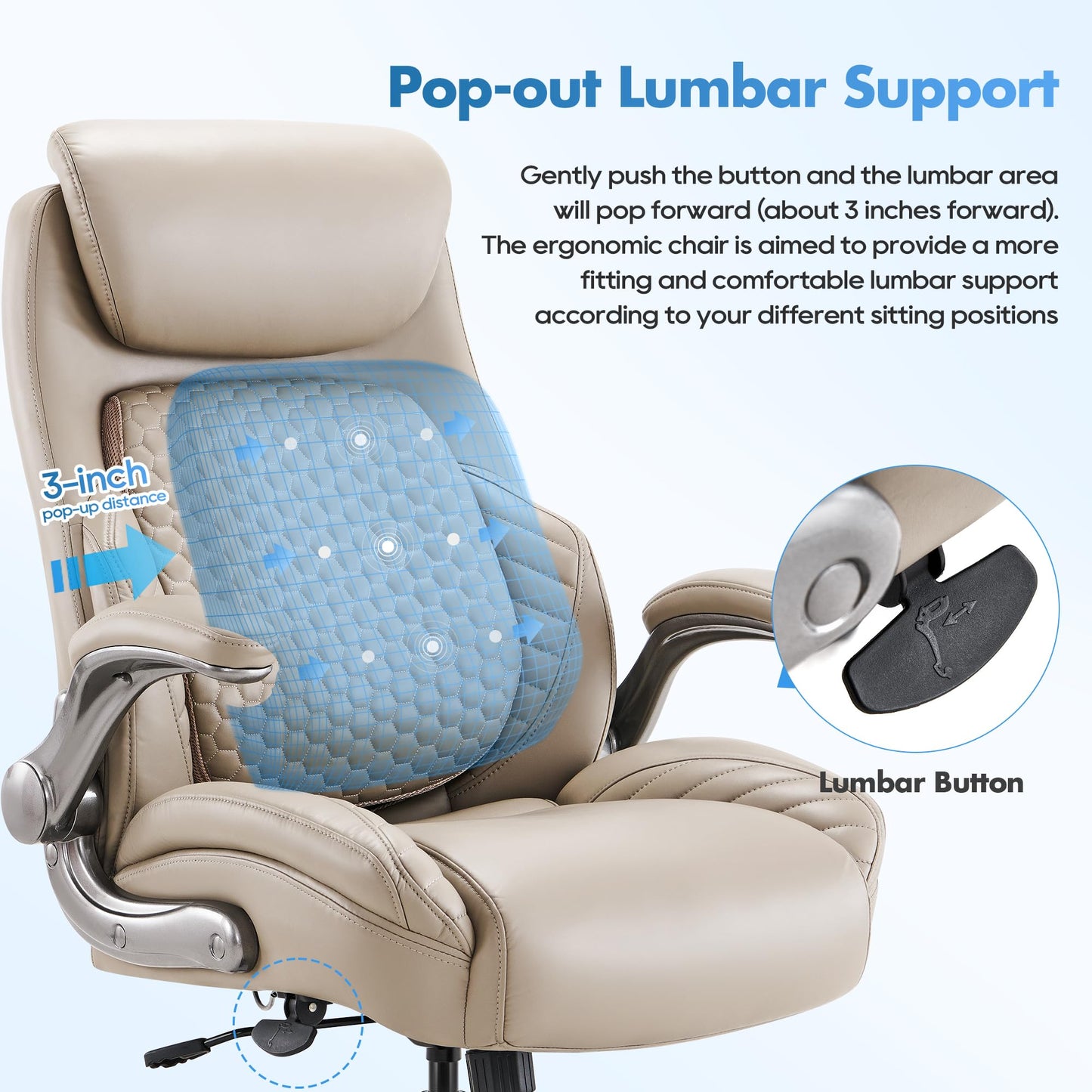 COLAMY Office Chair Ergonomic Desk High Back Executive Chair with Pop-Out Lumbar Support, Upgraded Casters, Adjustable Headrest, Flip-Up Arms, Leather Home with Thick Cushion for Comfort - Khaki
