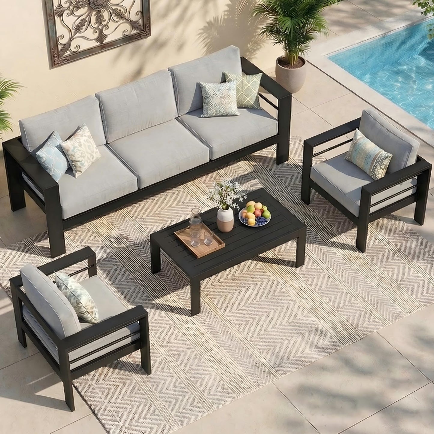 Wisteria Lane Aluminum Patio Furniture Set for All Weather, Oversized Metal Outdoor Furniture Set with 27.5" Deep Seat and 10" Back Cushion, Patio Conversation Sets with Wide armrest, Light Gray
