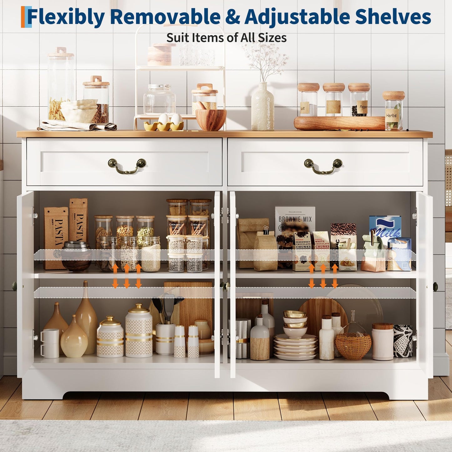 GarveeHome 57 in Modern Farmhouse Sideboard Buffet Cabinet with 2 Drawers & Adjustable Shelves, Large Kitchen Storage Cabinet, Dining Room Coffee Bar Organizer, White