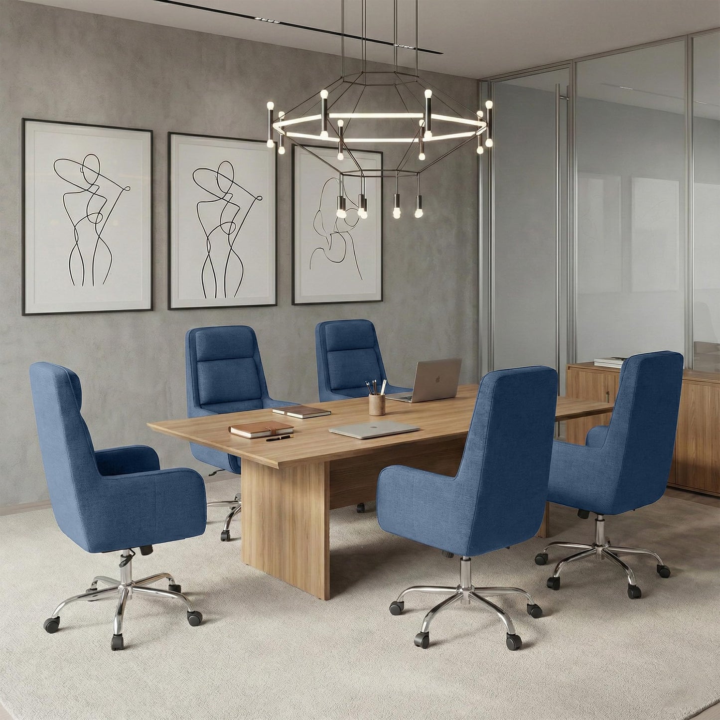 COLAMY Cocoon Modern Executive High Back Home Office Chair, Upholstered Desk Chair with Wheels, Vanity Chair with Head and Lumbar Support, Armrest (Blue)