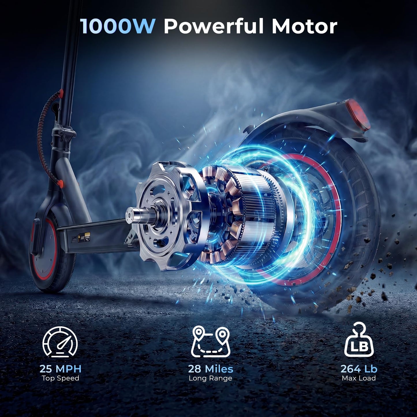 HopCycle Electric Scooters - Electric Scooter Adults, 1200W/1000W/500W Motor, 28/25/21/18 MPH Top Speed, 10''/8.5'' Tires, 28/25/23/21Miles, APP Control E Scooter for Teens Dark Black-1