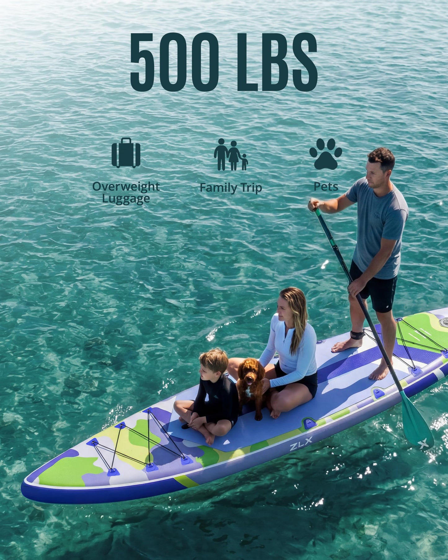 ZLX 11'6" Extra Wide Inflatable Paddle Board, Touring Stand Up Paddleboard, Fast-Tracking SUP for Long-Distance, Stable Center Fin, Portable Backpack & Accessories for Adults, 500lb/3 People/Family