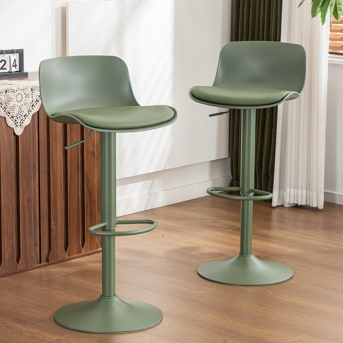 Kidol & Shellder Set of 2 Adjustable Swivel Bar Stools - Modern PU Leather Upholstered Counter Height Stools with Back Metal Base for Kitchen Island Home Bar Olive Green