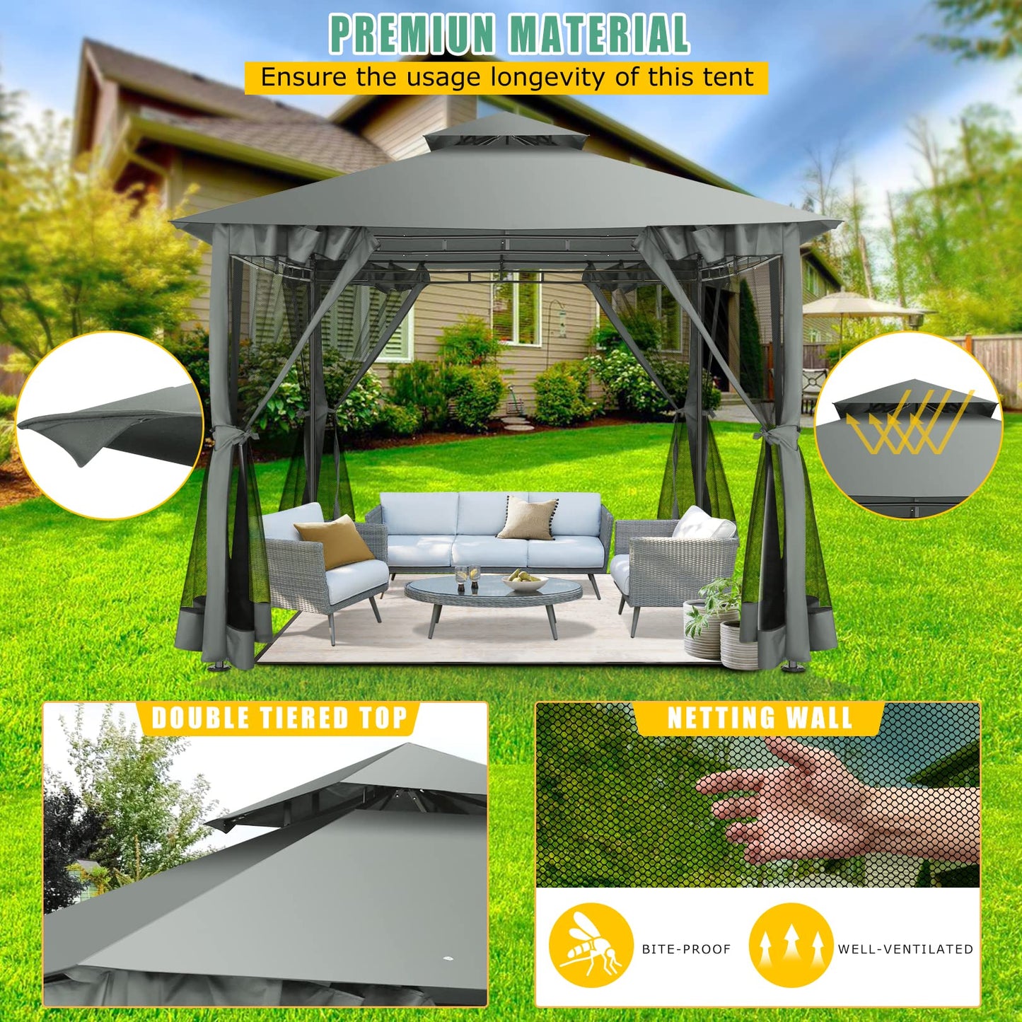 HOTEEL Outdoor Gazebo 10x10 FT Gazebos on Clearance with Netting, Waterproof Canopy Tent with Heavy Duty Party Tent Steel Frame, High Wind-Resistant Shelter for Backyard, Deck & Garden Windproof Gray