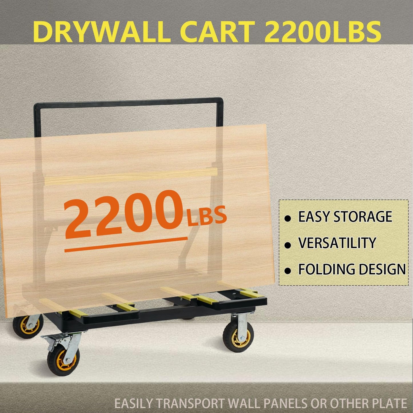 VisHomeYard Folding Drywall Cart, 2200LBS Load Capacity, Sheetrock Dolly, Drywall Plywood Cart Dolly with Rubber Swivel Casters