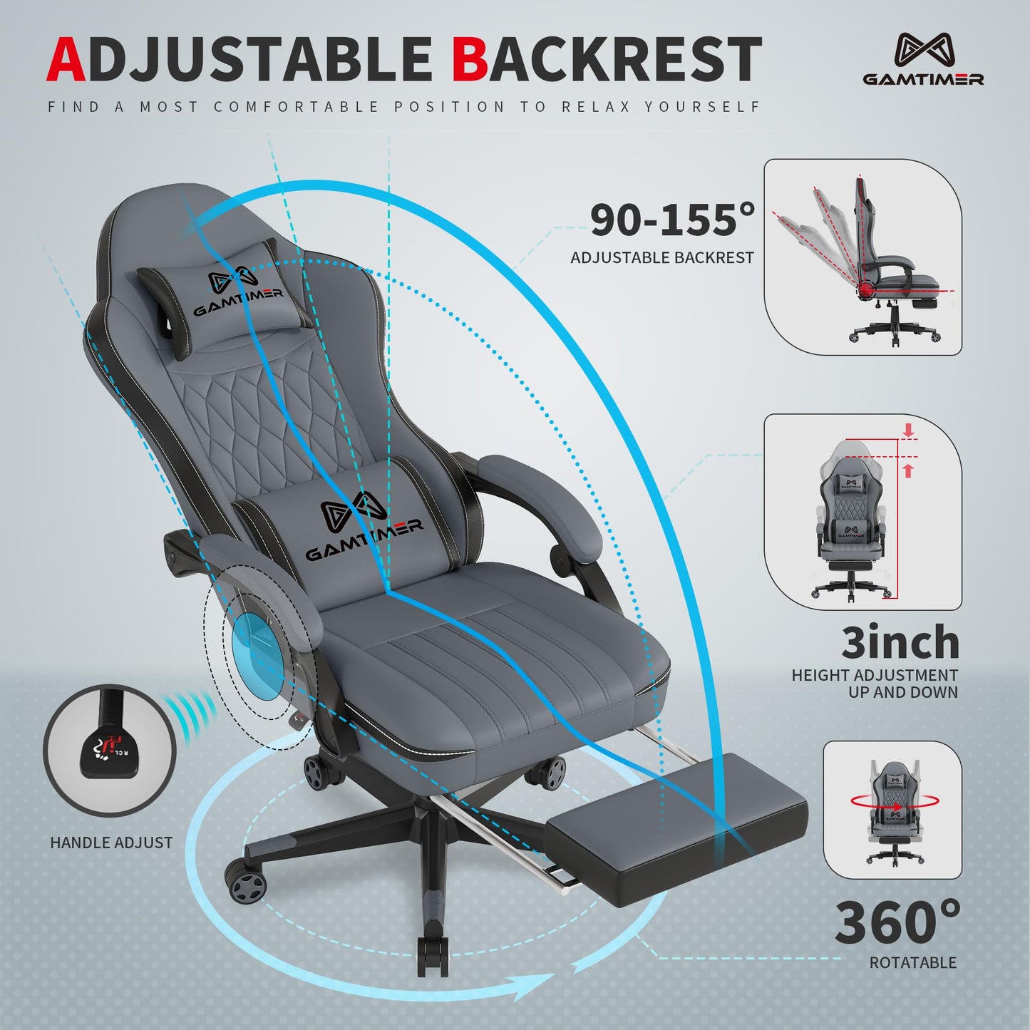 Gamtimer Gaming Chair with Footrest, Ergonomic Computer Chair, PU Breathable Material with Headrest and Lumbar Support, Suitable for Silla Gamer and Adults（Grey）