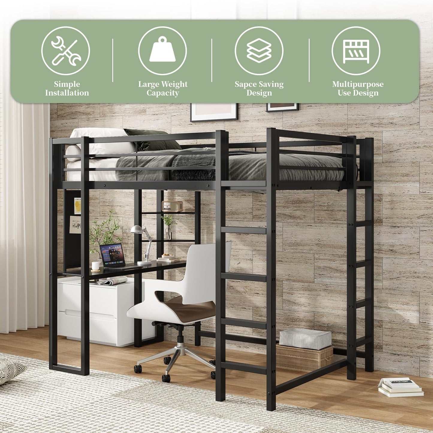 Sailret Full Metal Loft Bed with Desk, Pegboard and Display Shelves, Space-Saving Frame with Ladder and Full-Length Guardrails, Space-Saving Bed for Bedroom, Black (Mattress Not Included)