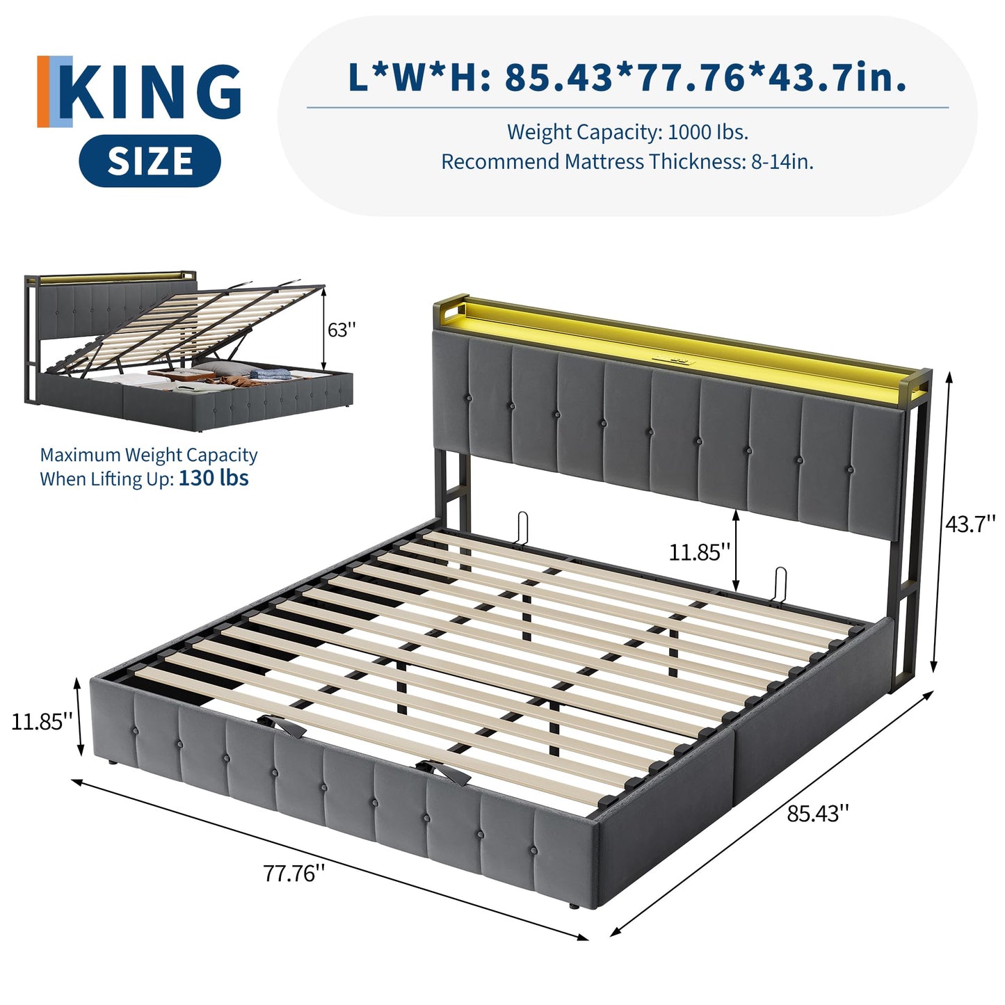 Garvee King Size Lift Up Storage Bed with LED Lights, Upholstered Velvet Bed Frame with Storage Headboard & Charging Station, Metal Platform Bed, No Box Spring Needed, Solid Wooden Slats, Grey
