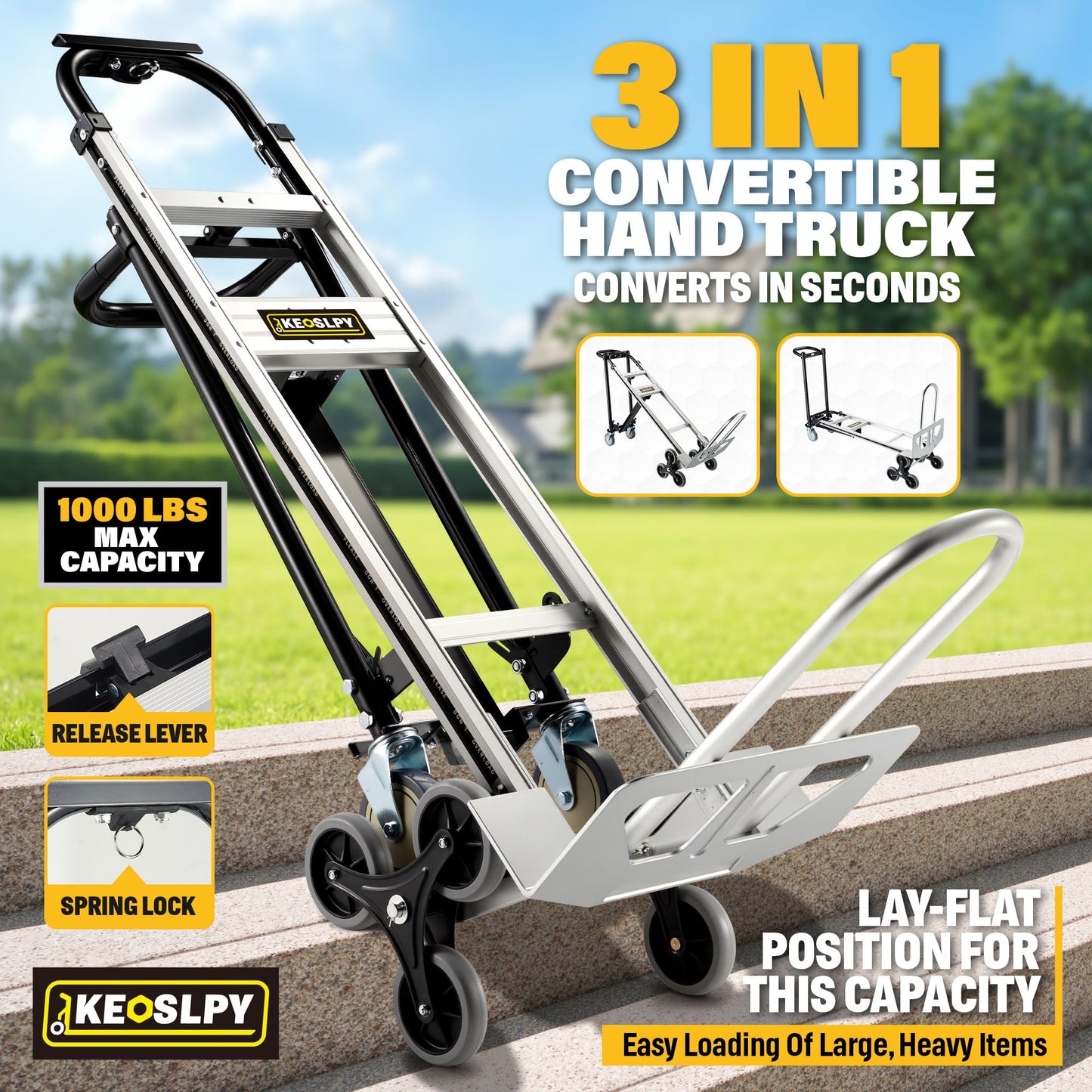 Keoslpy Upgrade 3 in 1 Industrial Convertible Aluminum Hand Truck Dolly Cart, 1000 LBS Capacity, Heavy Duty Stair Climbing Utility Trolley Platform Cart with Wheels for Transport & Moving