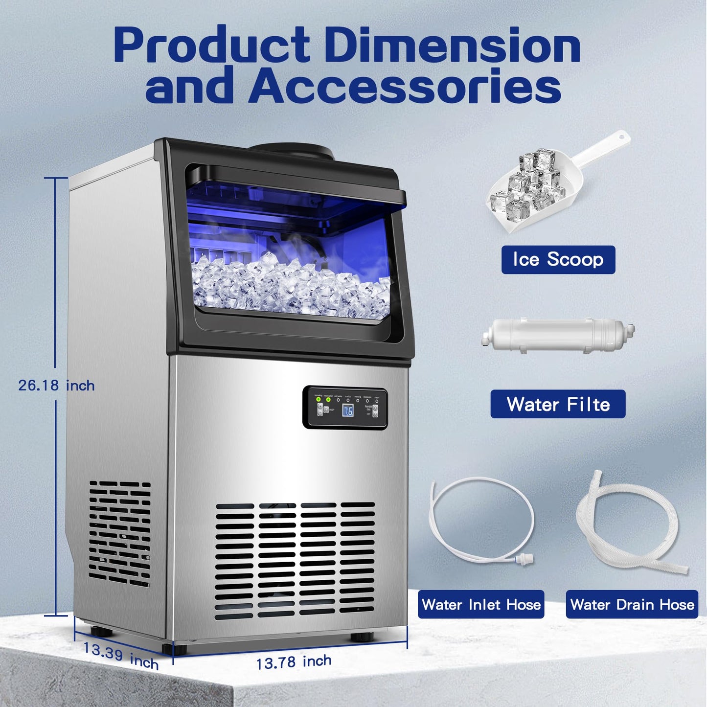 Amzgachfktch Commercial Ice Maker, 110lbs/24H Under Counter Ice Maker with 2 Water Inlet, Ice Maker Machine with 22lbs Storage, Auto Self-Cleaning, Freestanding Ice Machine for Home Office Bar