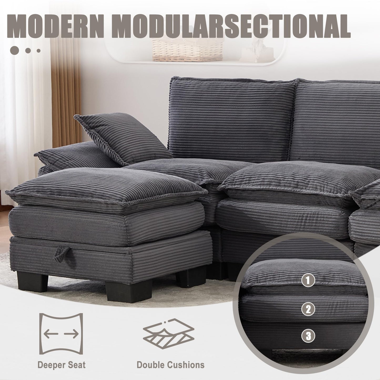 102" Oversized Cloud Modular Sectional Sofa with Movable Ottoman, Free Combination Convertible L Shaped Corner Couch Sets,Comfy Corduroy Upholstered Gray Sofa & Couch for Living Room