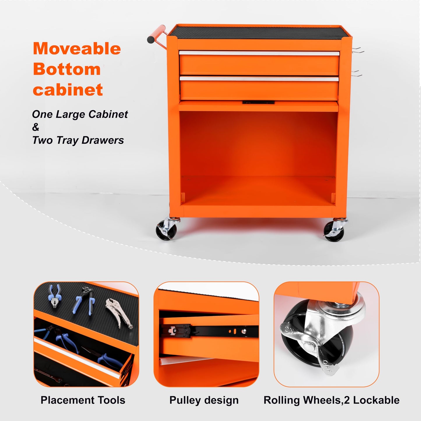 KEIKI 8-Drawer Rolling Tool Chest, Lockable 2 in 1 Detachable Top Tool Box with Drawers, Lockable Wheels, Side Hooks for Garage, Warehouse, Tool Room (Orange)