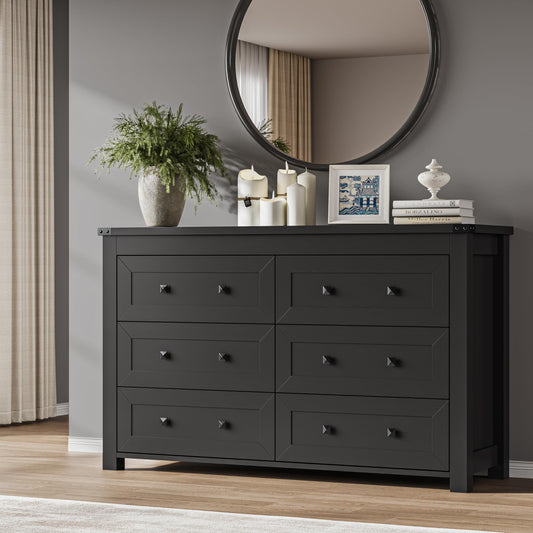 BORNOON 6-Drawer Dresser, Modern Wooden Storage Chest of Drawers, Dresser TV Stand, Wood Drawer Organizer with Metal Handles for Bedroom, Living Room, Hallway