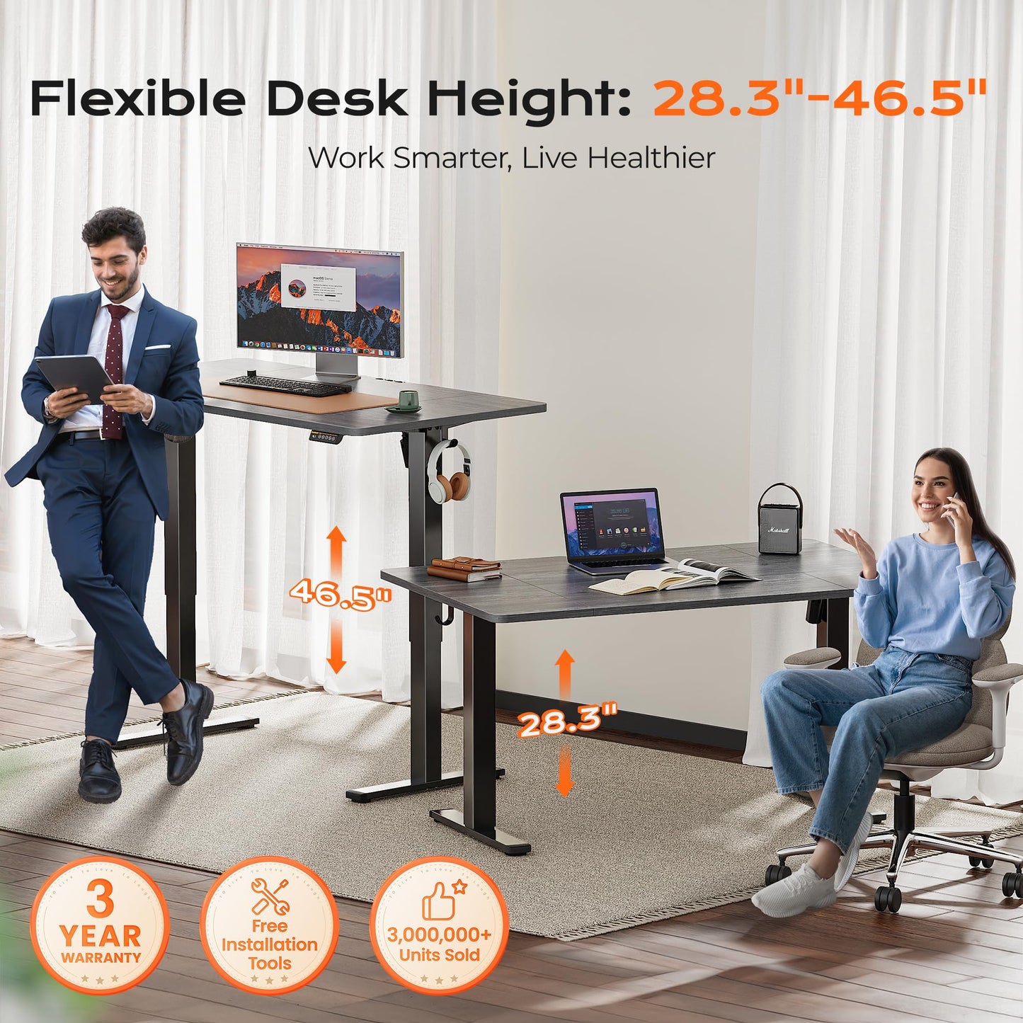 Huuger 55 x 28 Large Electric Standing Desk, Height Adjustable Desk, 27.6" Deep Desktop, Stand up Gaming Computer Office Desk with 2 Hooks, 3 Preset Heights, for Home Office, Grey