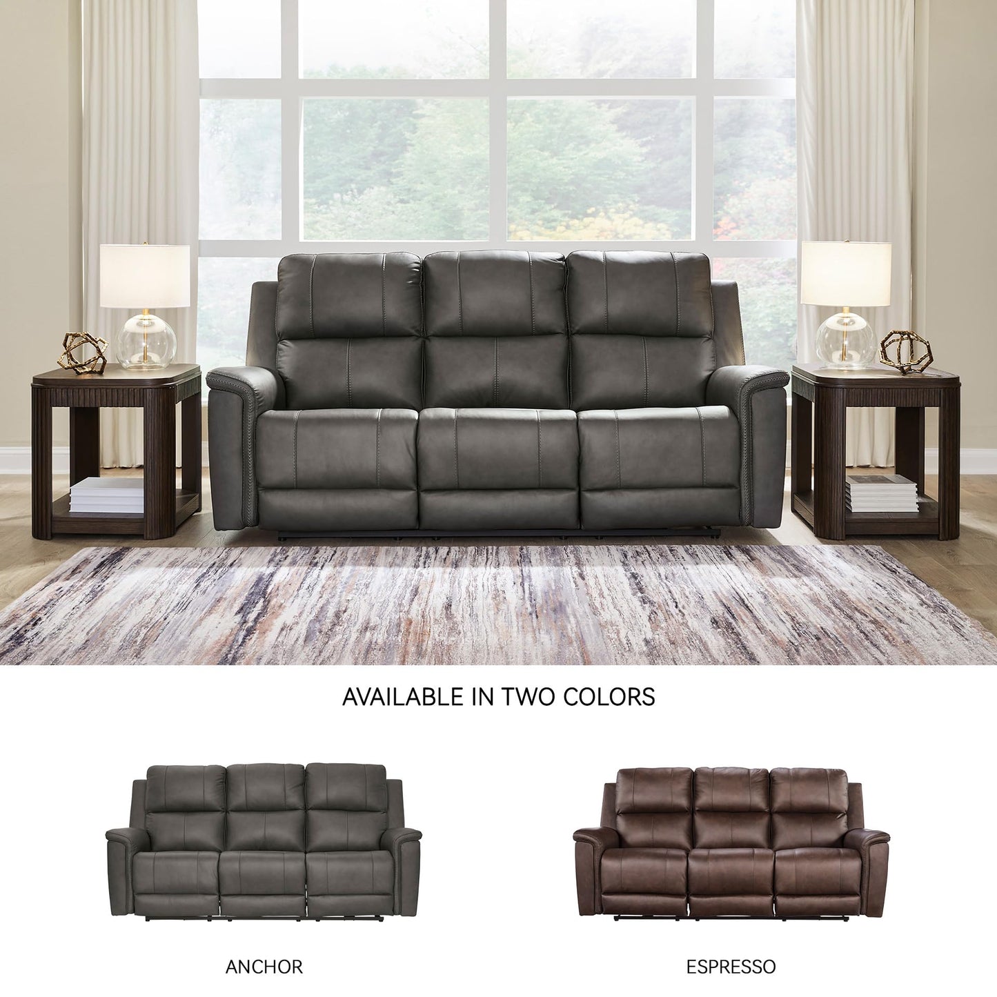 Signature Design by Ashley Burnley Contemporary Leather Match Power Reclining Sofa with Adjustable Headrest and USB Charging Port, Gray