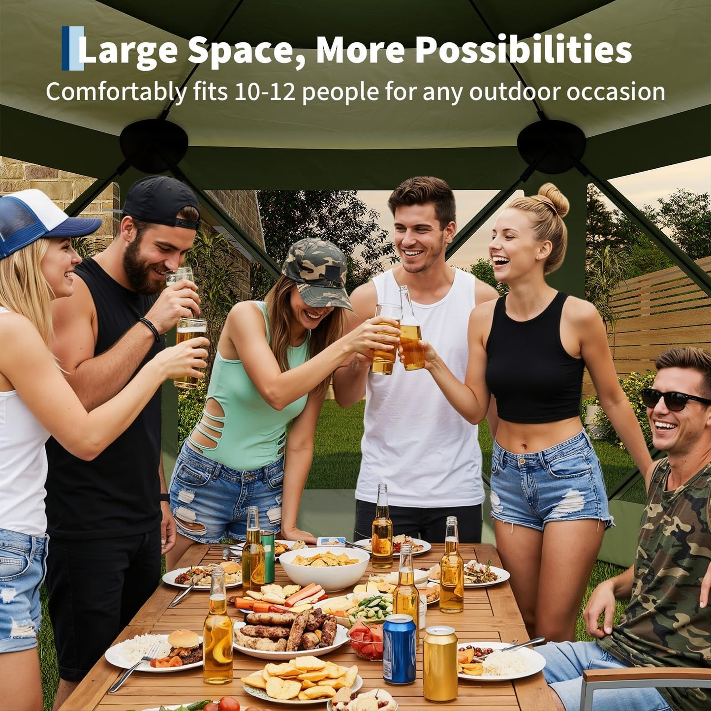 MilleLoom 11.5x11.5FT 6-Sided Gazebo Tent, One-Push Setup Canopy with Mesh Panels & Removable Wind Cloths, Outdoor Shelter for Backyard Parties Camping Events, Army Green