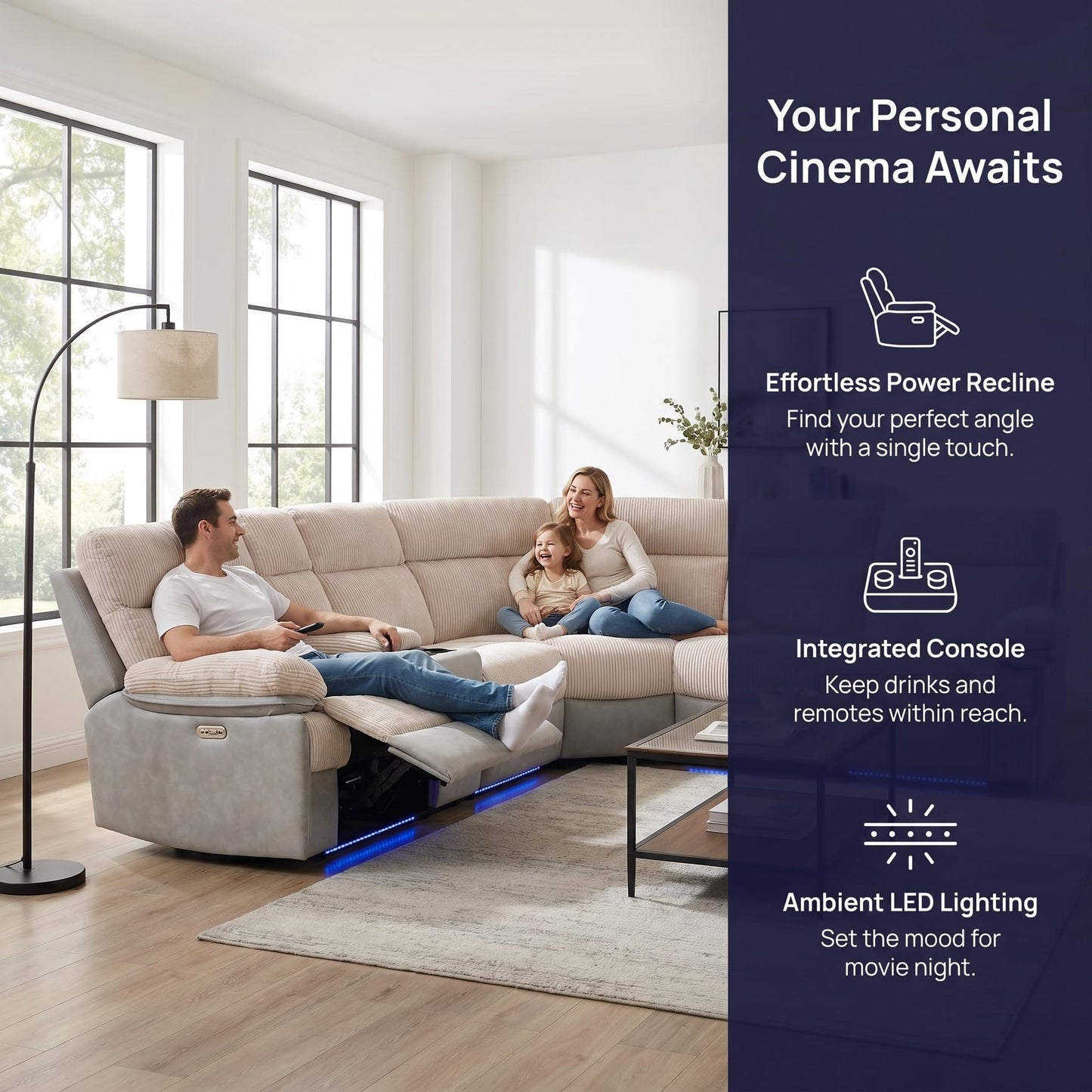 Trygoal Power Reclining Sectional Sofa Set, Modern L-Shaped Couch with Recliner, 4 Seat Power Reclining Sofa, Reclining Sectional Couches for Living Room, Home, Office, Leather, Off-White & Gray
