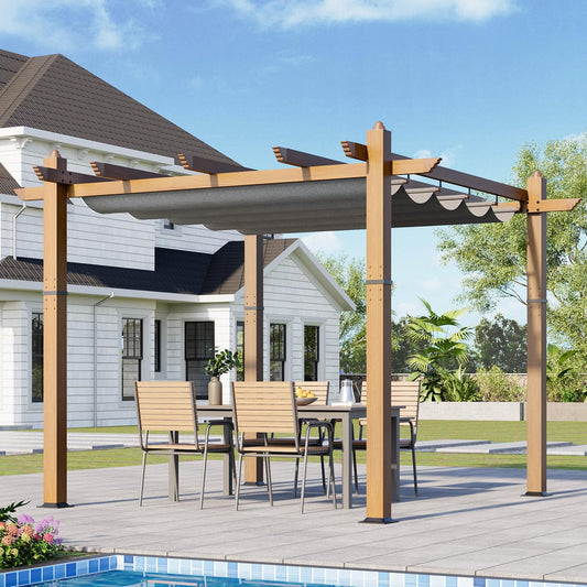 10x10 Ft Outdoor Retractable Pergola with Adjustable Roof Modern Metal Patio Gazebo, Upgraded Faux Wood Grain Aluminum Pergola for Deck, Backyard Gardens, Porches, Grapevines, Grey