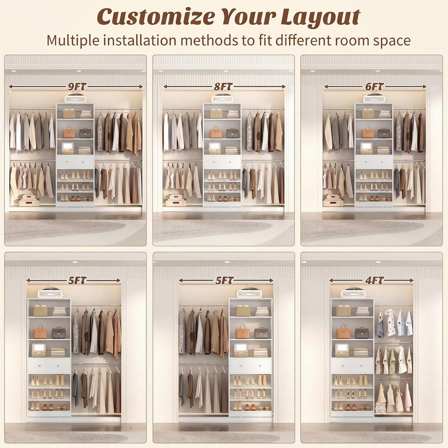 Armocity Wood Closet Organizer System - 4FT-9FT Expandable Wardrobe Closet with Drawer & 4 Hanging Rods, Heavy Duty Walk-in Closet 1000Lbs for Bedroom Walk-in Closet, White
