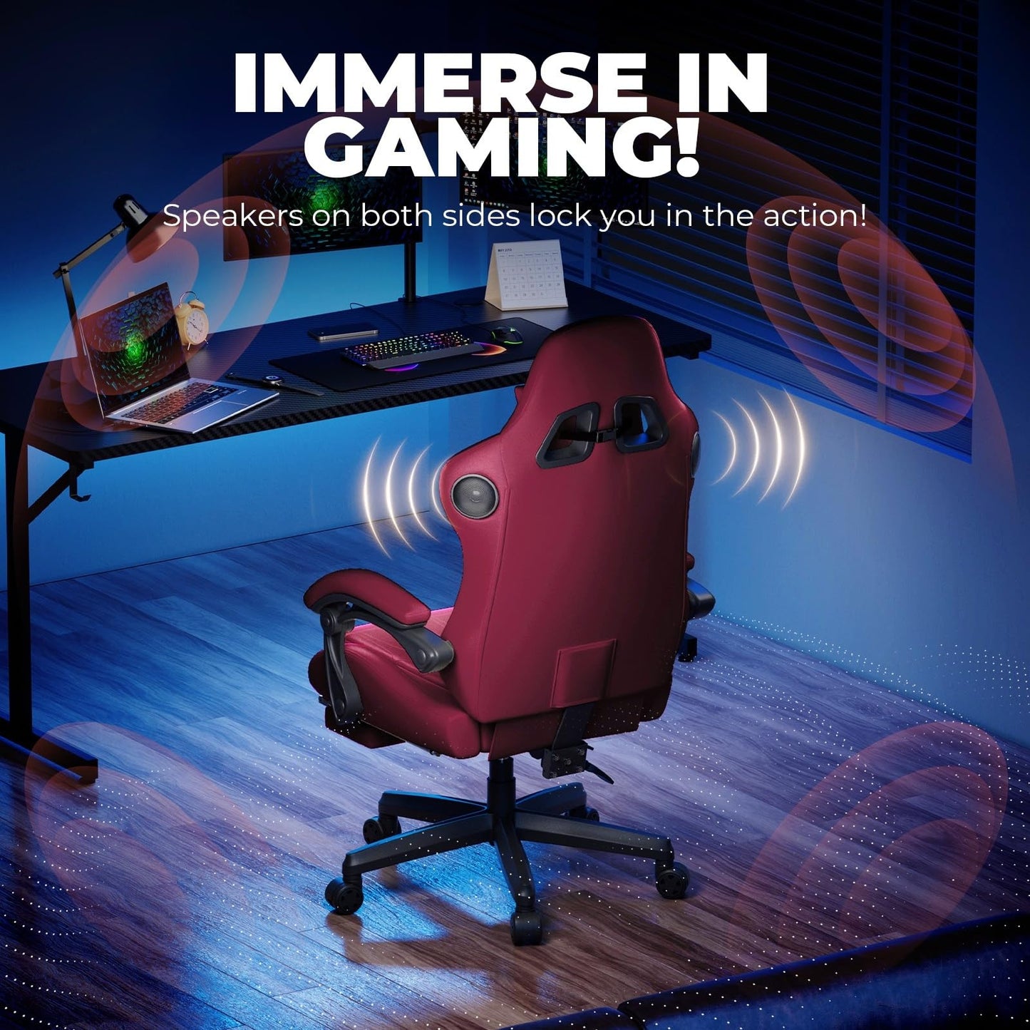 GTPLAYER ACE-PRO Music Gaming Chairs – Built-in Speakers, App Support & Bluetooth Control, Footrest & Pocket, Gamer Chair for Adults, Wine Red