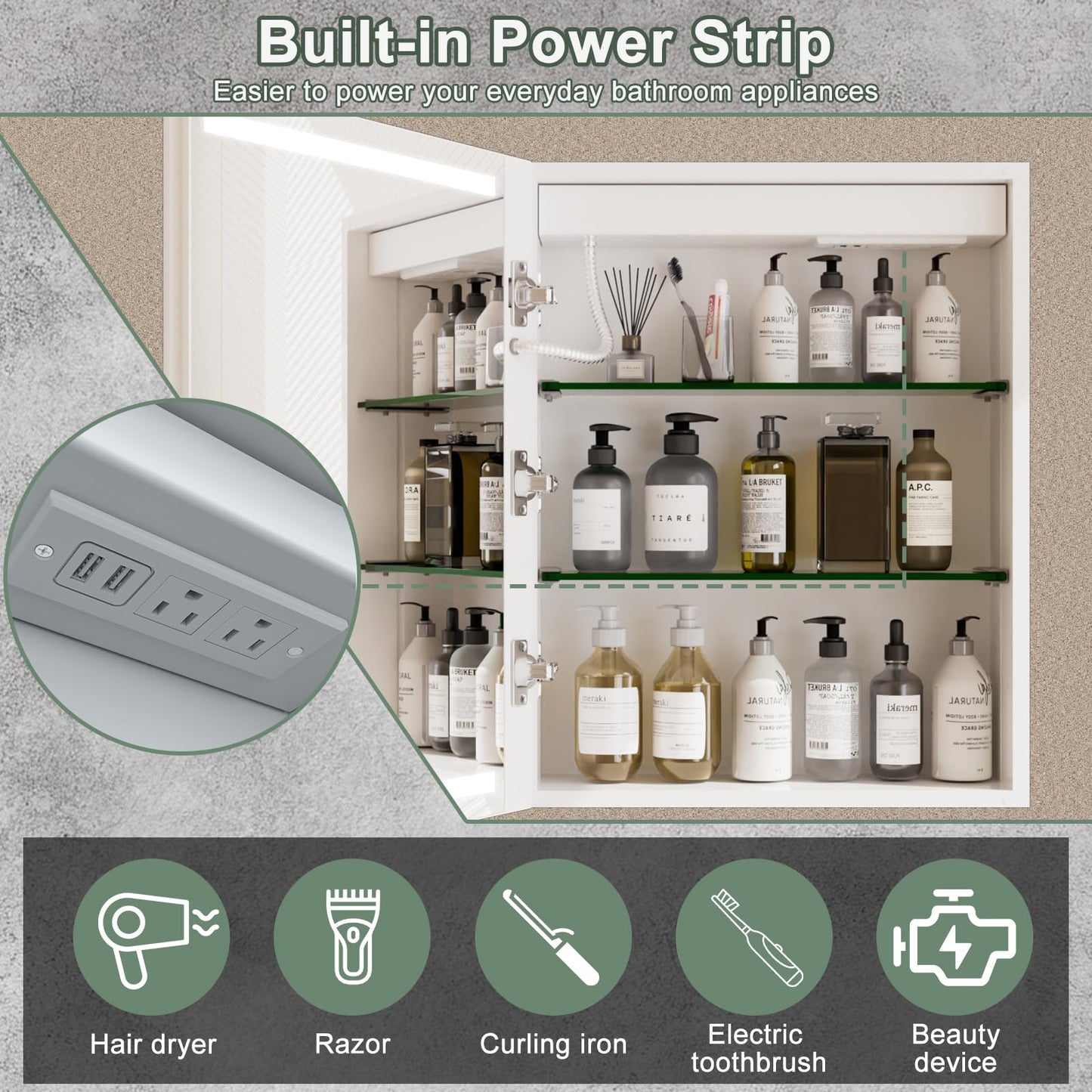 Vevyzxc LED Bathroom Medicine Cabinet Mirror with Lights, 24'' x 32'' Aluminum Frame with Sockets & USBs, Anti-Fog Dimmable Light and Color Adjustment, Sliver