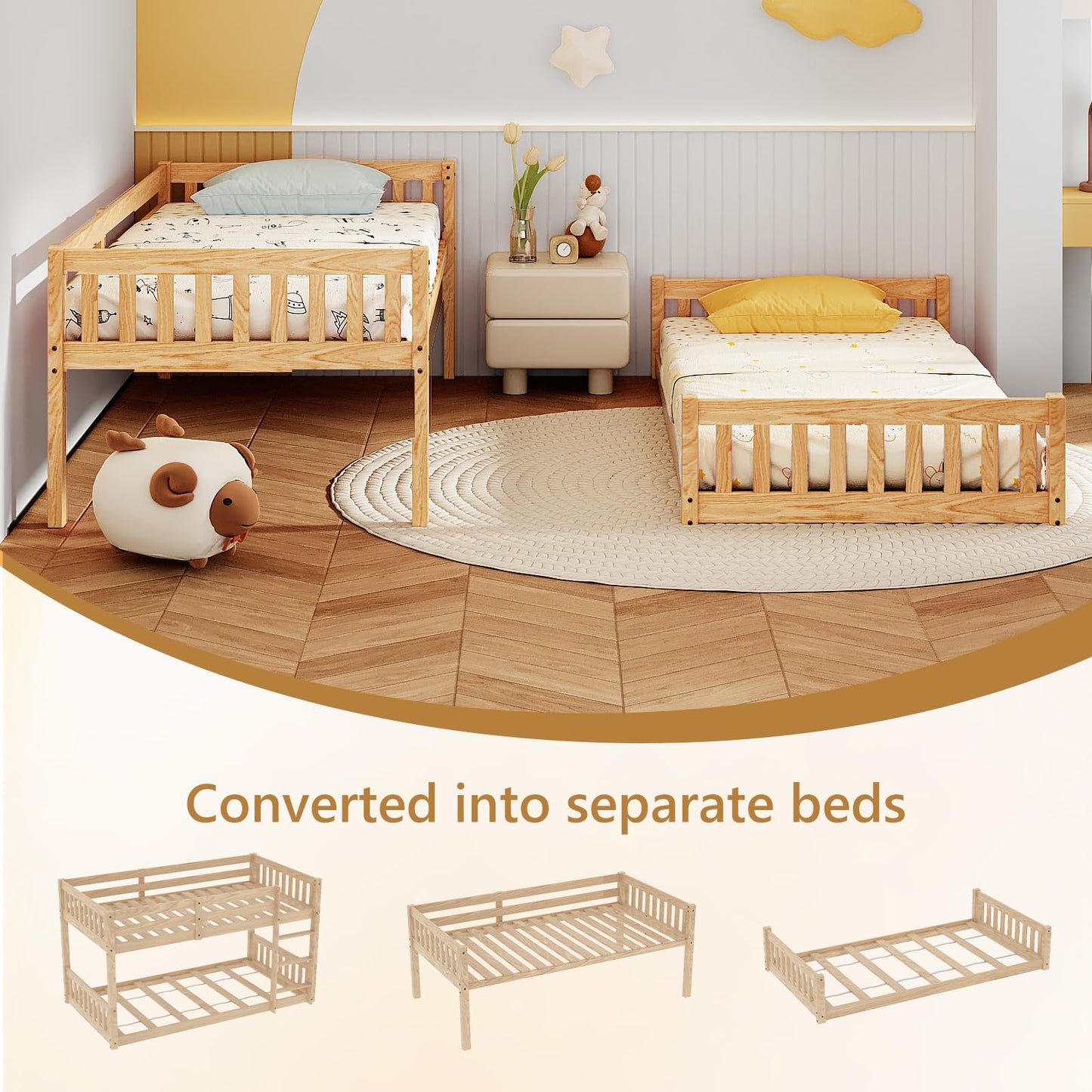 JOYMOR Low Twin Over Twin Bunk Bed for Kids/Junior, Wood Twin Bunk Bed Frame with Guardrails & Ladder for Boys Girls, Mattress Not Included