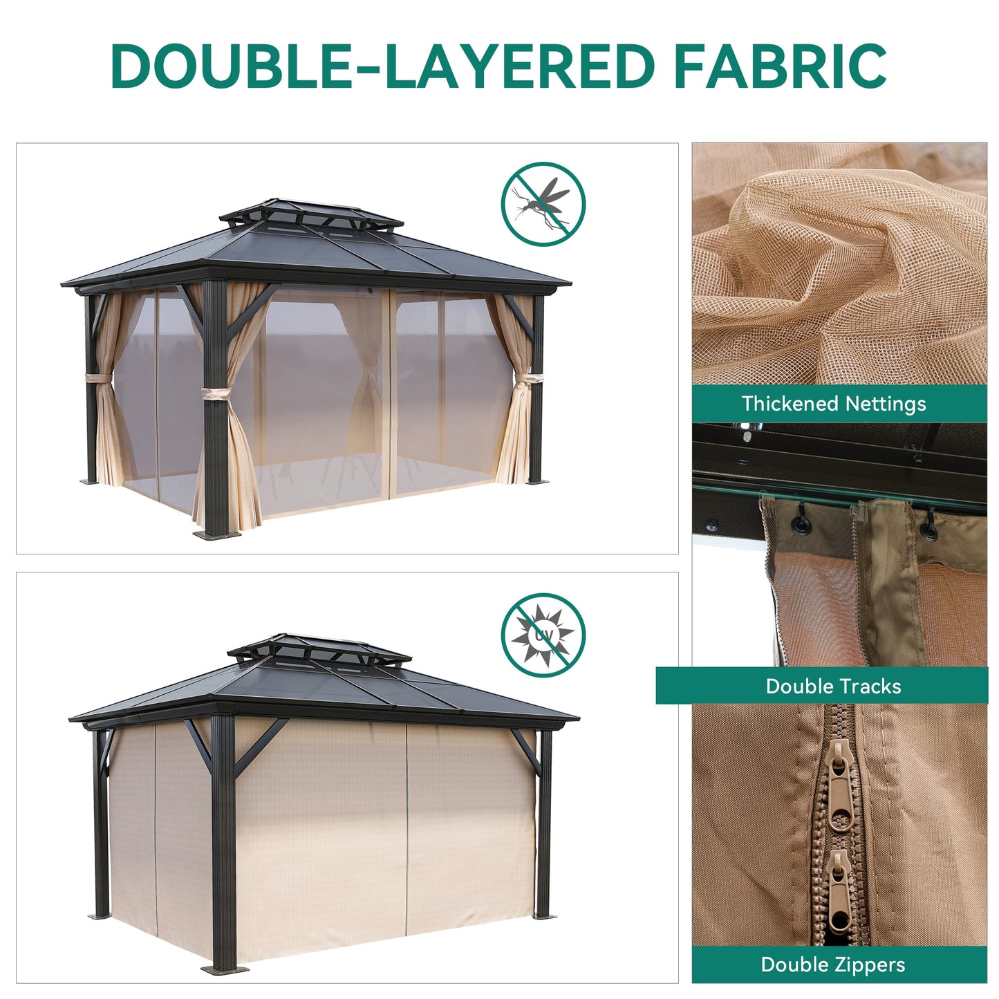 YITAHOME 10x12FT Hard-Top Double Roof Gazebo Canopy Outdoor with Netting and Shaded Curtains, Aluminum Frame Polycarbonate Hardtop Garden Tent for Patio, Backyard, Deck and Lawns, Brown