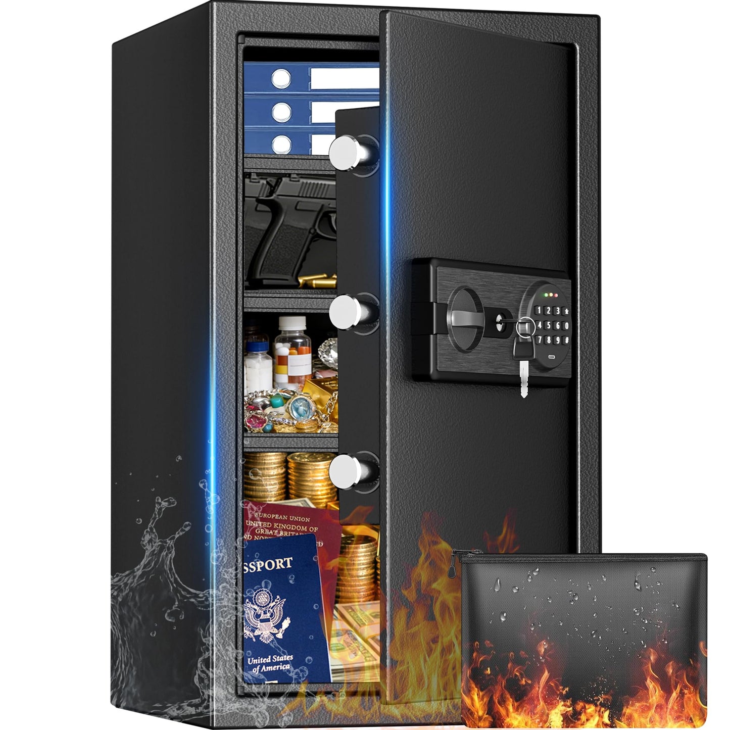 6.2 Cuft Large Home Safes Water and Fireproof with Digital Keypad & Key Lock, Fire Security Safe Box with 3 Removable Shelves, Fireproof Safes for Money Documents Jewelry, 27.56"H x13.78"W x 11.81"D