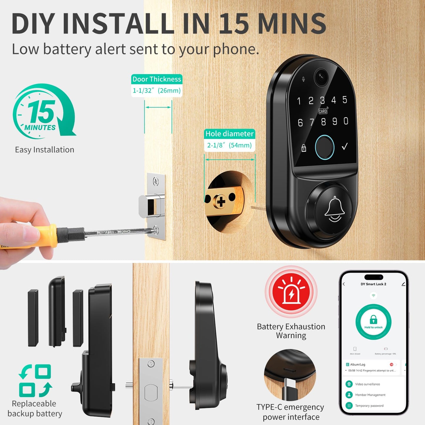 Yinaou Smart Door Locks with Camera: WiFi Keypad Deadbolt with 1080p HD Night Vision & Video Doorbell - App Control Digital Code Fingerprint Keyless Entry Electronic Locks for Front Door