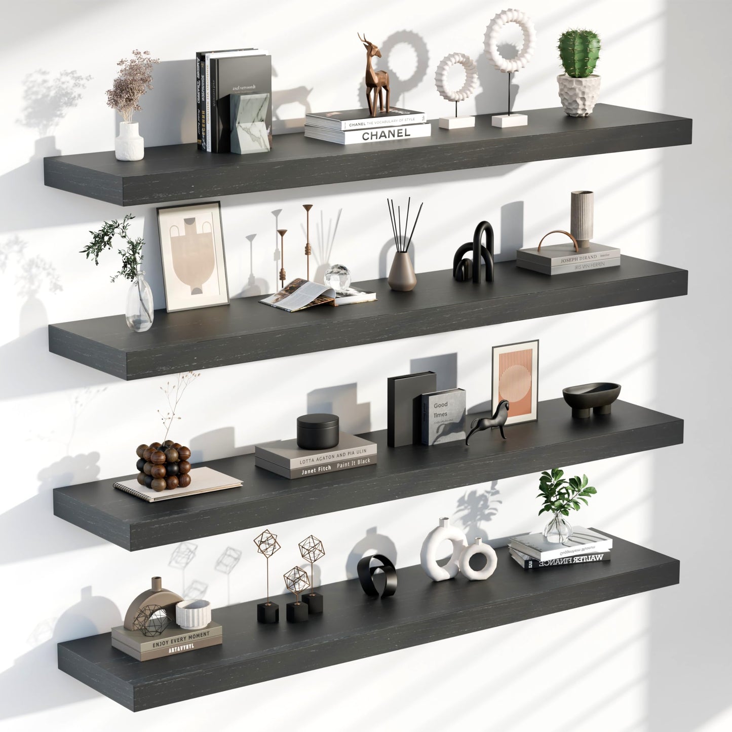 TEDIDUWA Floating Shelves for Wall, 60 Inch Extra Long Black Wall Shelves, Set of 4, Hanging Invisible Brackets Floating Shelves for Living Room,Bedroom,and Kitchen