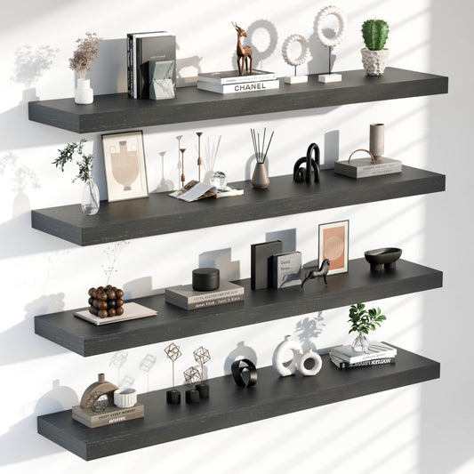 TEDIDUWA Floating Shelves for Wall, 60 Inch Extra Long Black Wall Shelves, Set of 4, Hanging Invisible Brackets Floating Shelves for Living Room,Bedroom,and Kitchen