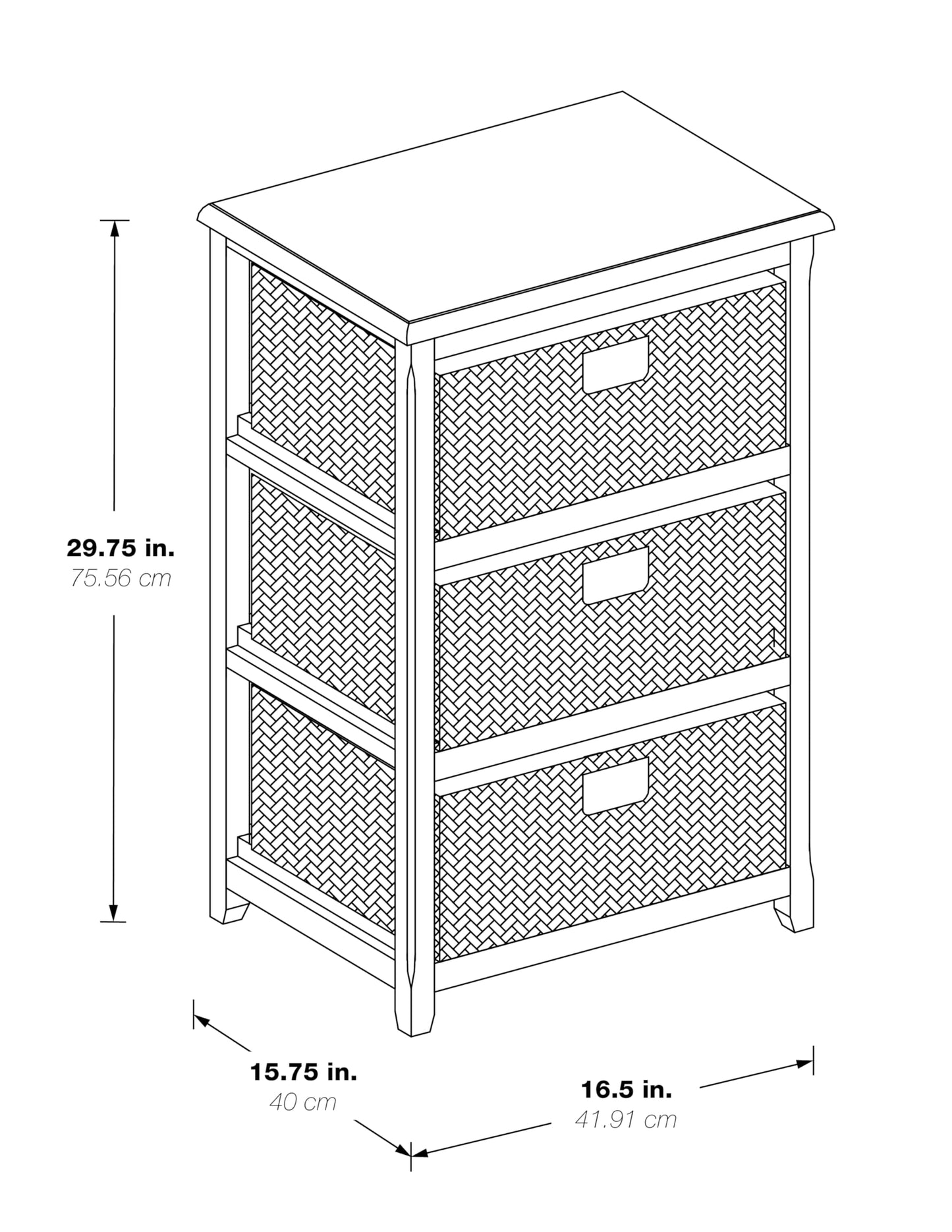 OSP Home Furnishings Seabrook Storage Tower with Solid Wood Frame and Natural Baskets, 3-Drawer, Espresso Finish