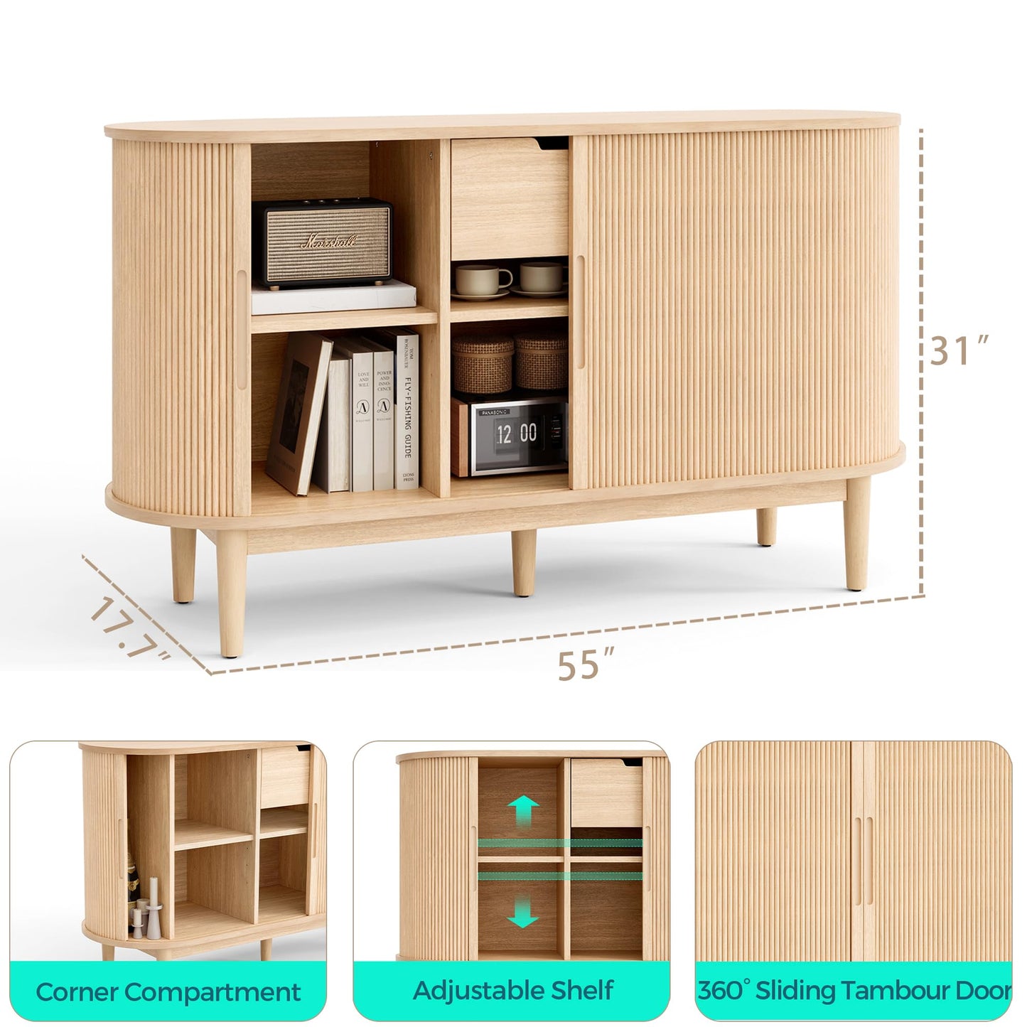 LINSY HOME Sideboard Buffet Cabinet with Storage, 55" Fluted Coffee Bar Cabinet with Tambour Sliding Doors and Drawer, Mid Century Modern Wood Storage Buffet Table for Kitchen, Living Room, Oak