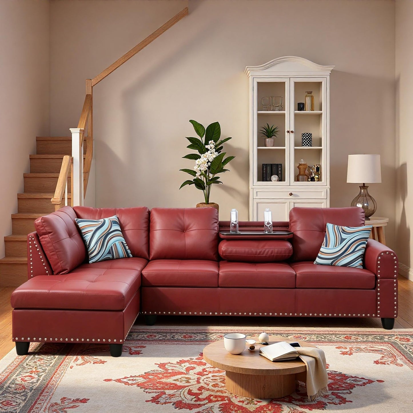 Trygoal L-Shaped Sectional Sofa, Modern 4-Seat Couch with Built-in Cup Holders, Leather Sectional Couch with Left Facing Chaise for Living Room, Apartment, Office, Red