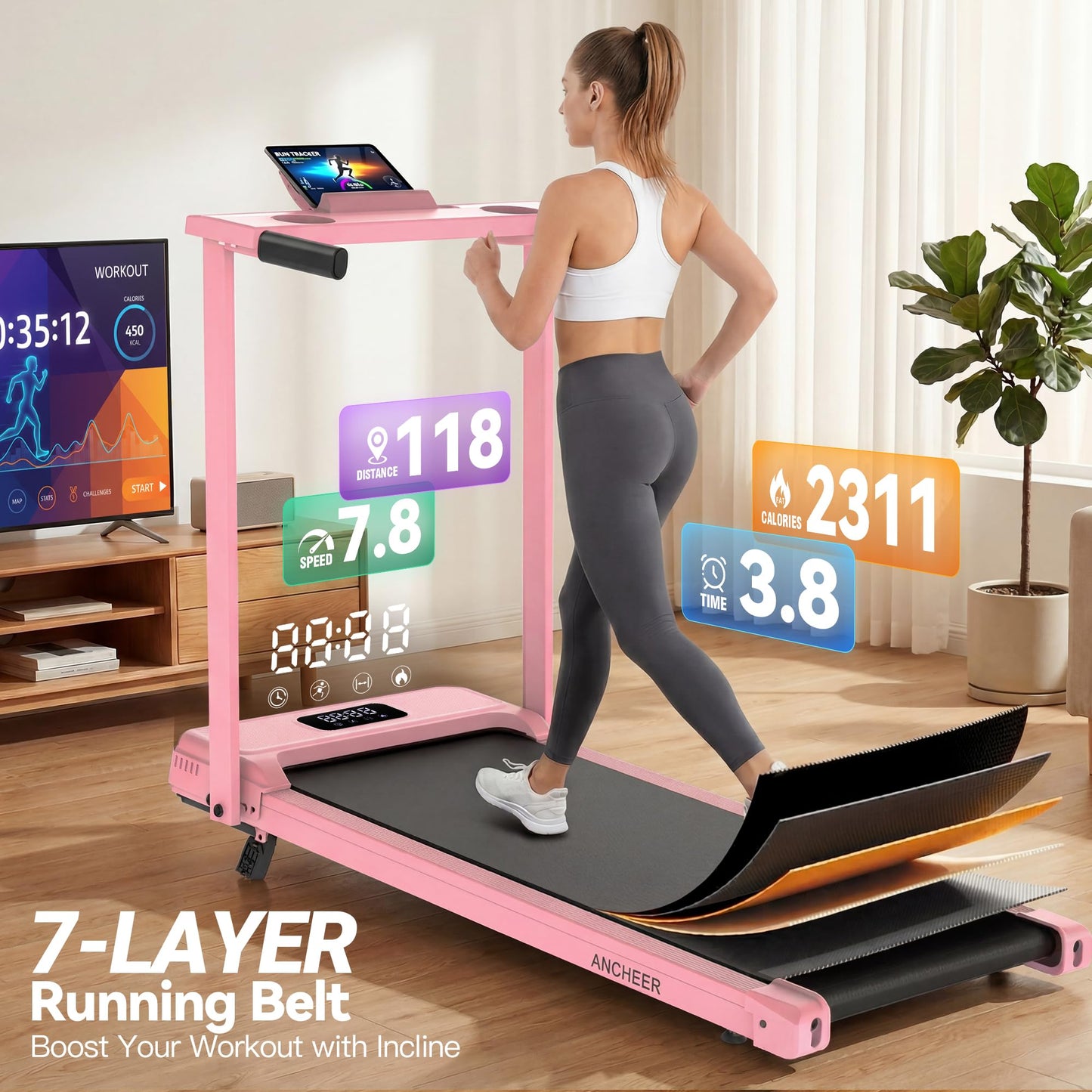 FUNMILY Incline Walking Pad Treadmill with Handle Bar, Folding Treadmills for Home Small, 3.5HP Portable Treadmill with Desk, 350 lbs Weight Capacity, Walking Pad with Remote Control and LED Display