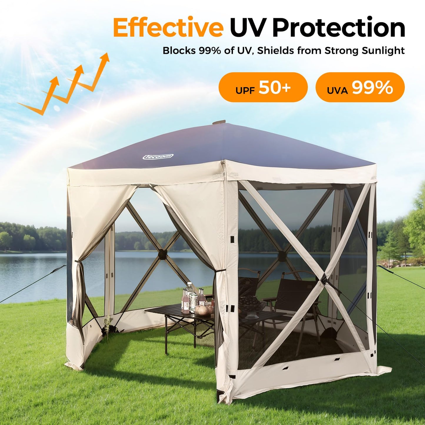Tecoom 10x10ft 6-Side Pop Up Gazebo Tent, Waterproof Instant Screen with Mosquito Netting, Portable Outdoor Canopy with 4 Removable Wind Cloths, Sun Shelter for Camping, Garden and Picnics, Khaki