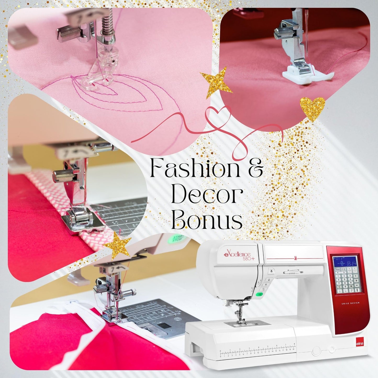 Elna eXcellence 580+ Fashion & Decor edition computerized Sewing Machine w/ 120 Built-in Stitches, Large Sewing Bed (8.2" workspace), 13 included Presser Feet & Extra-Wide Extension Table Included