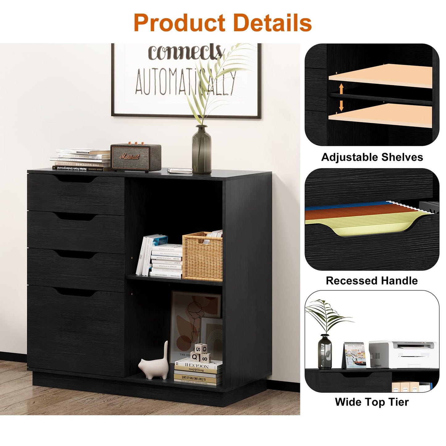 TQVAI 4 Drawer Filing Cabinet Organizer with 2 Open Shelves, Heavy Duty for Storing Letter A4 Size and Printer, Wood Lateral File Cabinets for Home Office, Hanging Files, Black, Easy Assembly