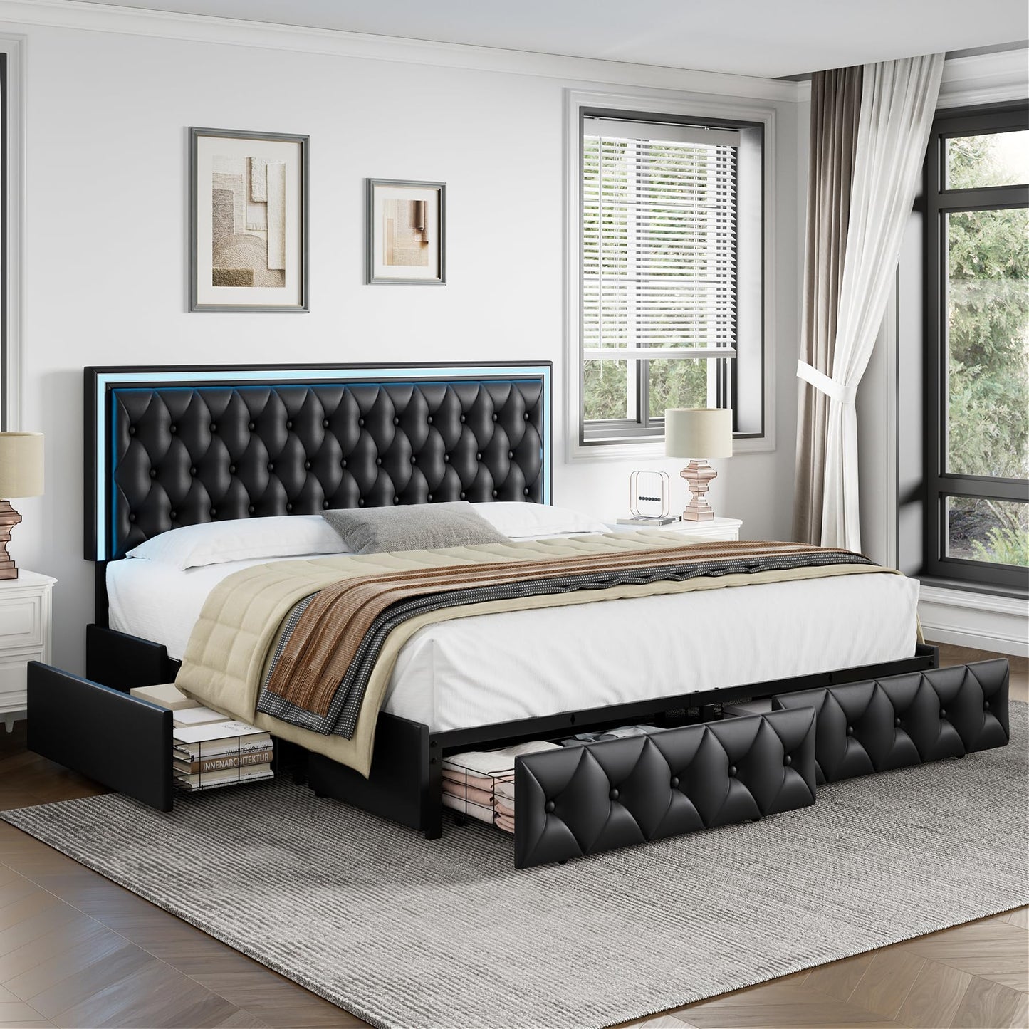 Keyluv Queen Size LED Bed Frame with 4 Storage Drawers and Adjustable Headboard, PU Leather Upholstered Button Tufted Modern Platform Bed, Solid Wooden Slats Support, Easy Assembly, Black