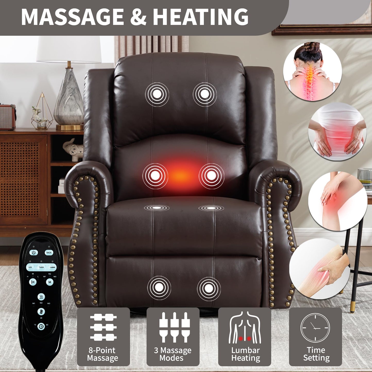 KEIKI Faux Leather Heat Massage Manual Recliner Chair with Square Arms and Cushion Back, for Elderly, Modern Style Oversized Swivel Reclining Sofa Chairs, Easy Assembly, for Living Room, Brown