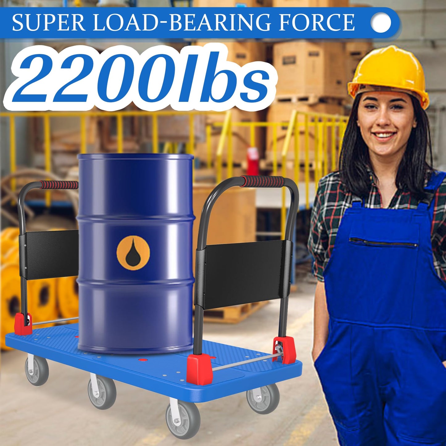 2200 lb Heavy Duty Platform Truck with Dual Handrails & 6 Rubber Wheels