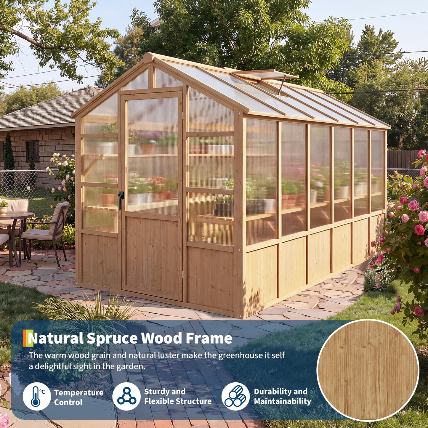 6x12 FT Wooden Greenhouse for Outdoor, Walk-in Greenhouse Kit with Ventilated Window & Lockable Door & Polycarbonate Panels, Large Wood Frame Green House for Garden, Backyard, Patio, Lawn, Plant