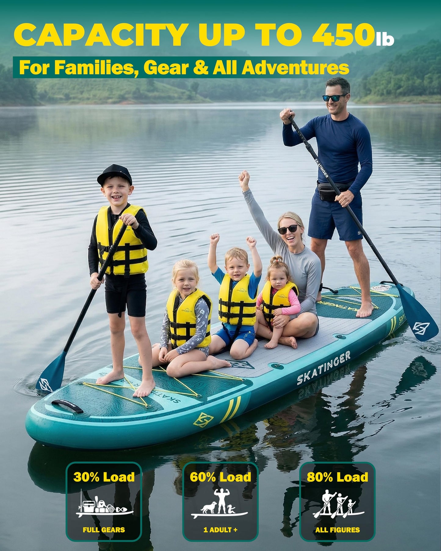 Skatinger 11'6×35" Super Wide Inflatable Paddle Board, Premium Woven Drop-Stitch Tech, 450lb/3 People/Family Paddle Board, Shoulder Strap, 100L Backpack, Ultra-Light, All-Round Sup Board