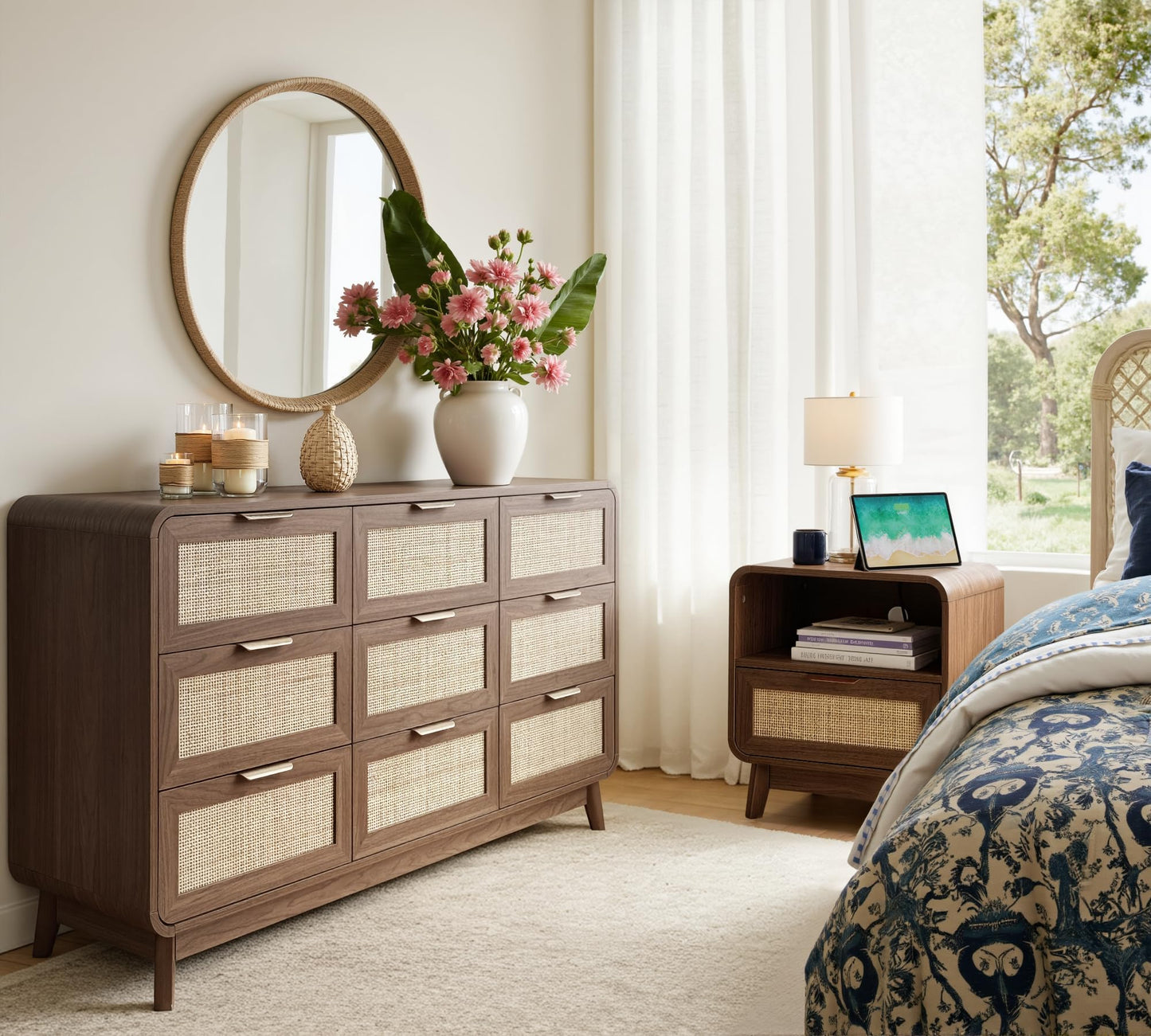 FORTUNETEC 55" Rattan 9 Drawer Dresser, Modern Farmhouse & Boho Wooden Chest of Drawers with Walnut Wood Grain, Multifunctional Storage Bedroom Set for Bedroom, Living Room, TV Stand