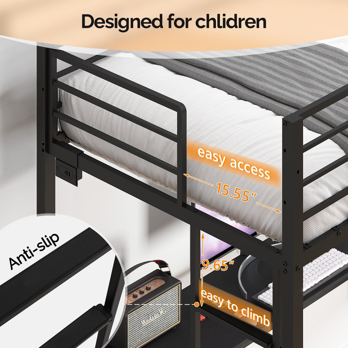 VINGLI Full Metal Loft Bed Frame with L-Shaped Desk, 15 Inches Guardrail, Non-Slip Ladder, 2 Charging Stations, Storage Shelves/4 Drawers/LED Lights, for Kids Teens Adults, No Box Spring Needed, Black