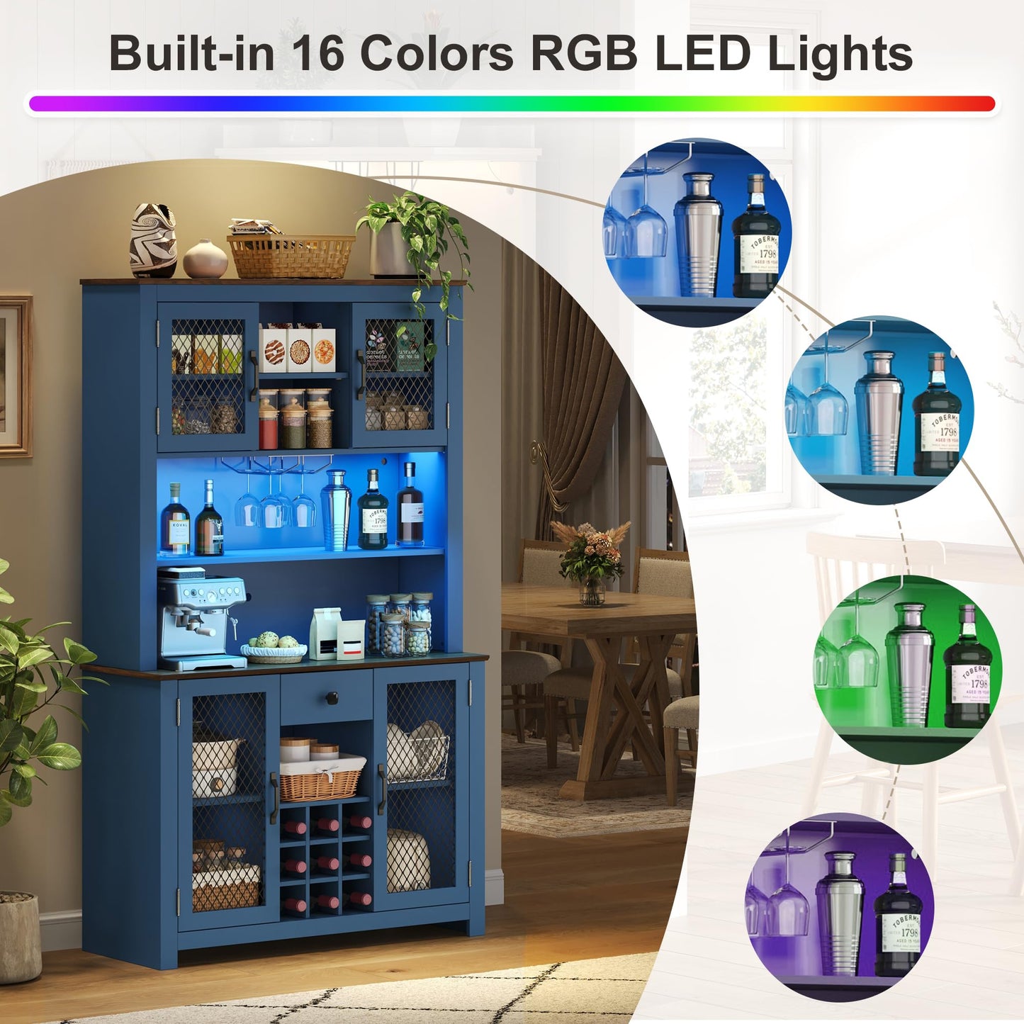 Merax 70.9" Tall Kitchen Pantry Storage Cabinet with Charging Station and LED Lights, Rustic Kitchen Hutch Food Pantries with Wine Rack, Drawer & Adjustable Shelves for Dining Room, Navy Blue