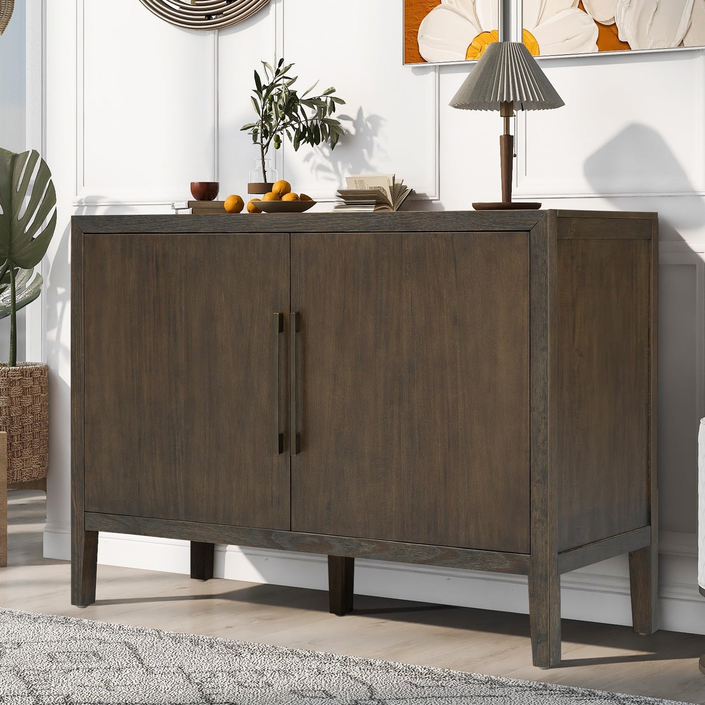 Merax Wood Farmhouse Buffet Sideboard with Metal Handles and 2 Doors, Coffee Bar Storge Cabinet Console Table for Living Room Bedroom Kitchen Hallway Black