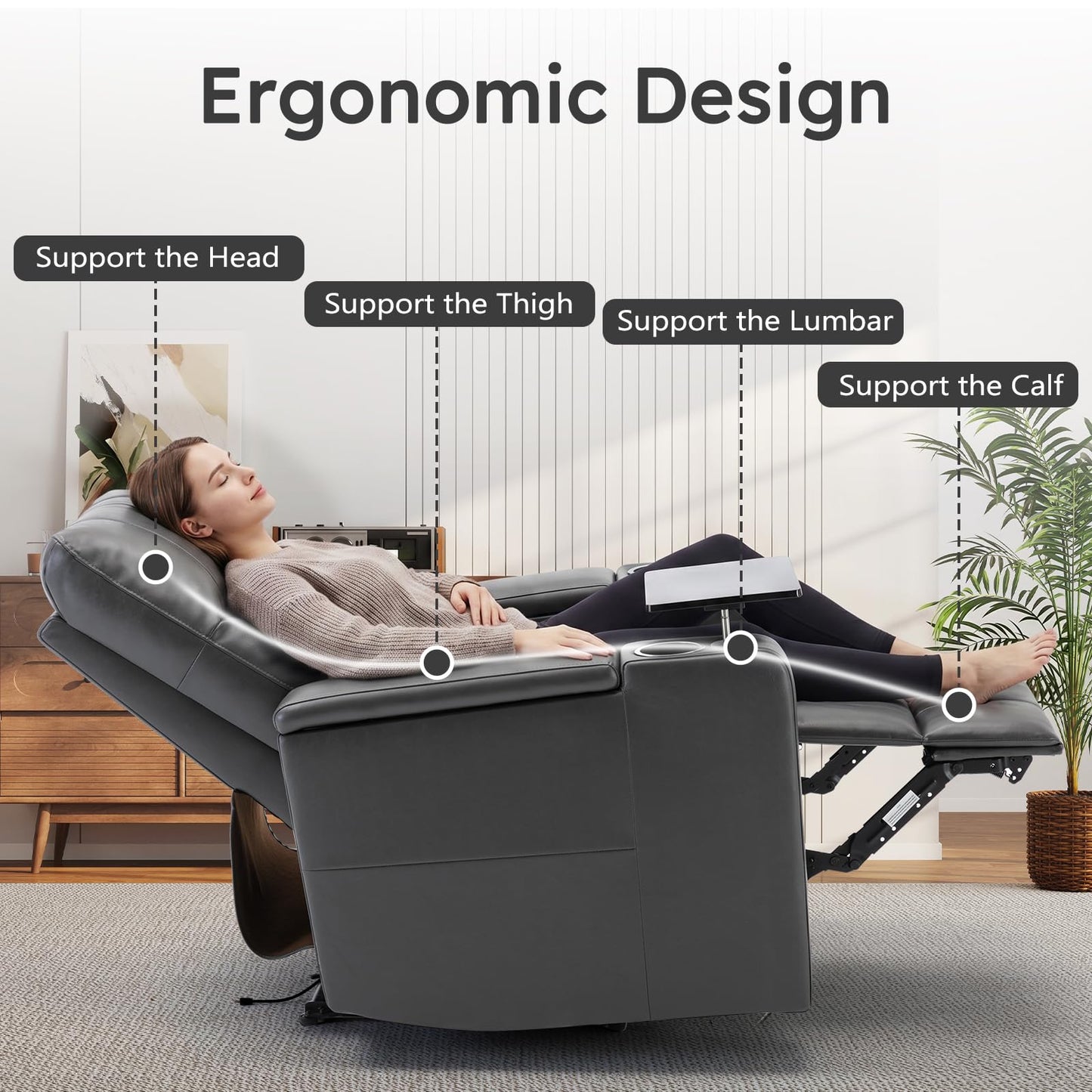 ANJ Home Theater Seating Power Recliner with Hidden Arm Storage, Single Faux Leather Recliners with Tray Table, Electric Movie Reclining Chairs with USB Ports & Cup Holders for Media Room, Grey
