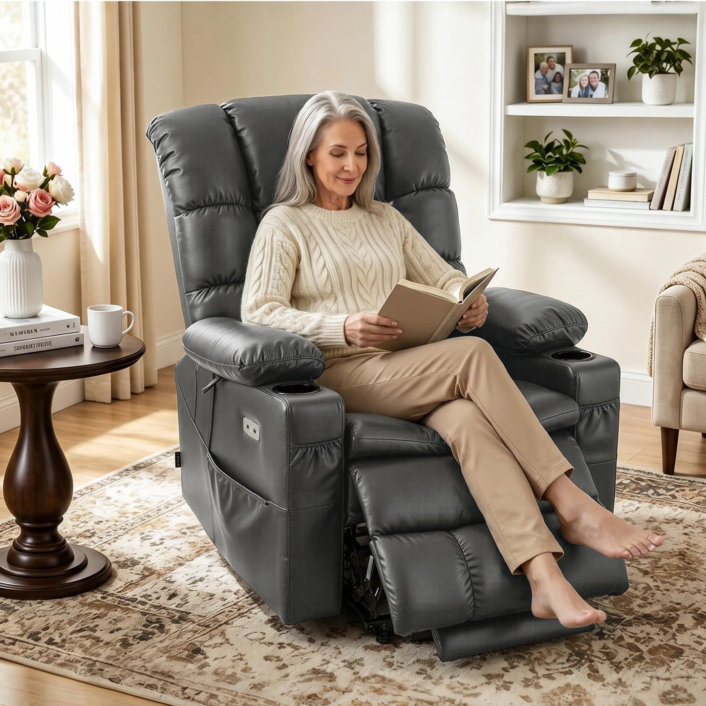 MCombo Triple Motor Power Lift Recliner Chair with Massage and Dual Heating, Adjustable Headrest for Tall Elderly People, Faux Leather 7634 (Dark Grey, Large)